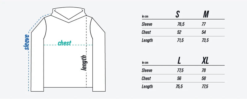 TEQERS™ Hooded Long Sleeve size chart