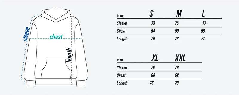 TEQBALL™ Story Hoodie size chart
