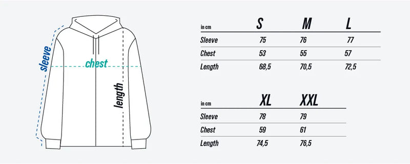 TEQERS™ Zipped Hoodie size chart